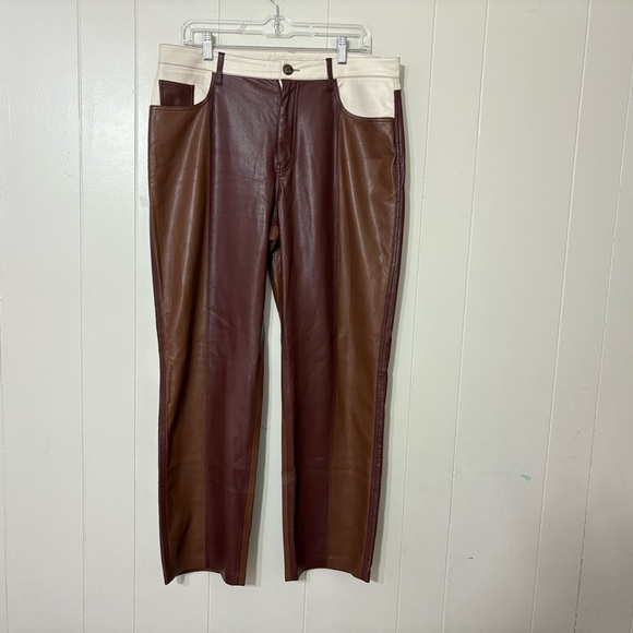 Nanushka Vinni Patchwork Vegan Leather Pants Brown Size XL LuxeTrousers - Picture 2 of 14